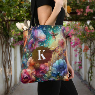 Tote Bag Monogramme coloré Vintage Aquarelle Fleurs