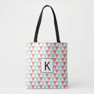 Tote Bag Monogramme Coral rose et vert menthe triangles