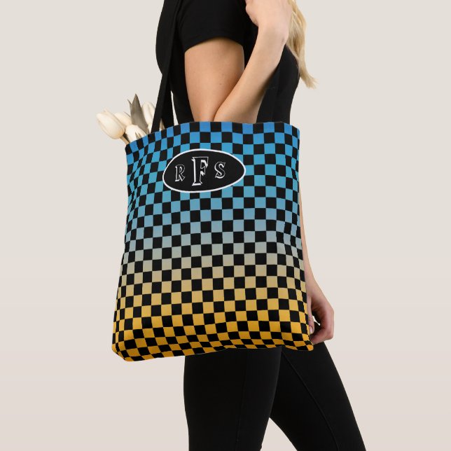 Tote Bag Monogramme Coucher de Soleil Bleu et Jaune à Damie (De près)