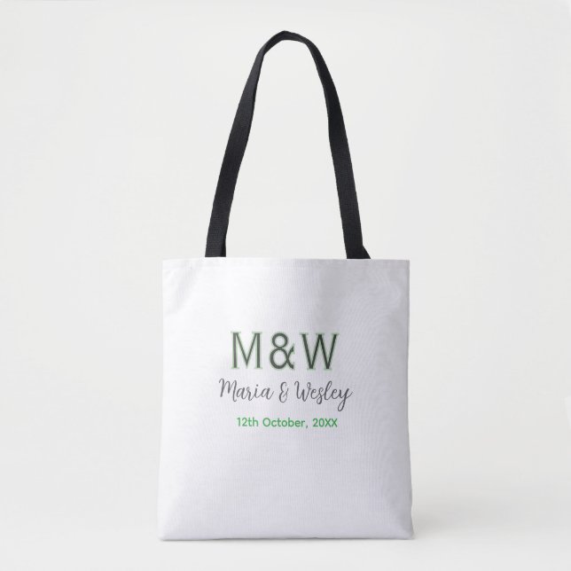 Tote Bag Monogramme couple gris vert moderne date romantiqu (Devant)