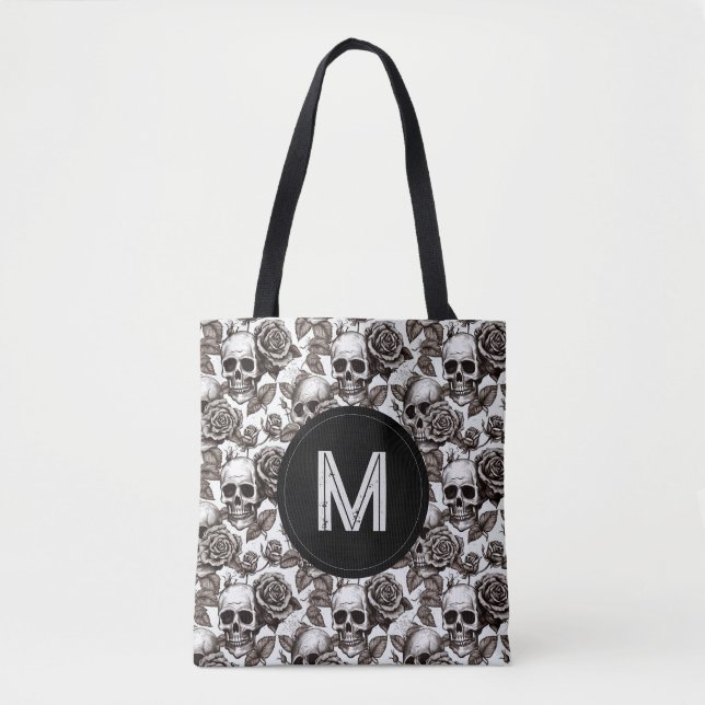 Tote Bag Monogramme Crâne floral Noir Blanc Halloween (Devant)