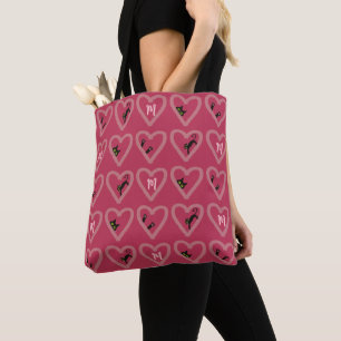 Tote Bag Monogramme Cute Black Chat Coeurs Valentines Jour