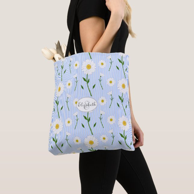 Tote Bag Monogramme Daisées d'été Motif Bleu clair Bleu ban (De près)