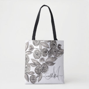 Tote Bag Monogramme d'aquarelle florale noir moderne