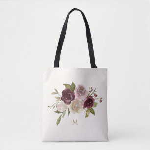 Tote Bag Monogramme d'aquarelle florale rose-bourgogne mode