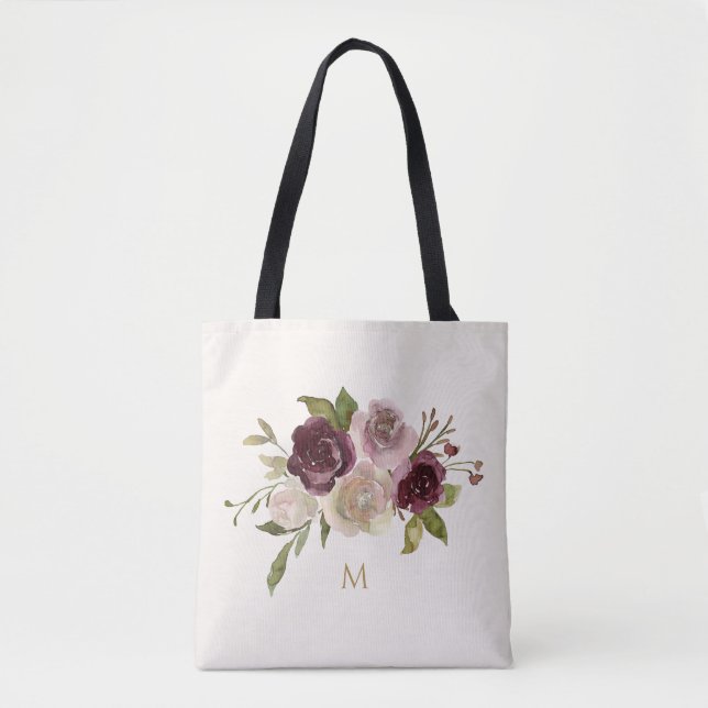 Tote Bag Monogramme d'aquarelle florale rose-bourgogne mode (Devant)