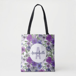 Tote Bag Monogramme d'aquarelle Vintage violet rustique