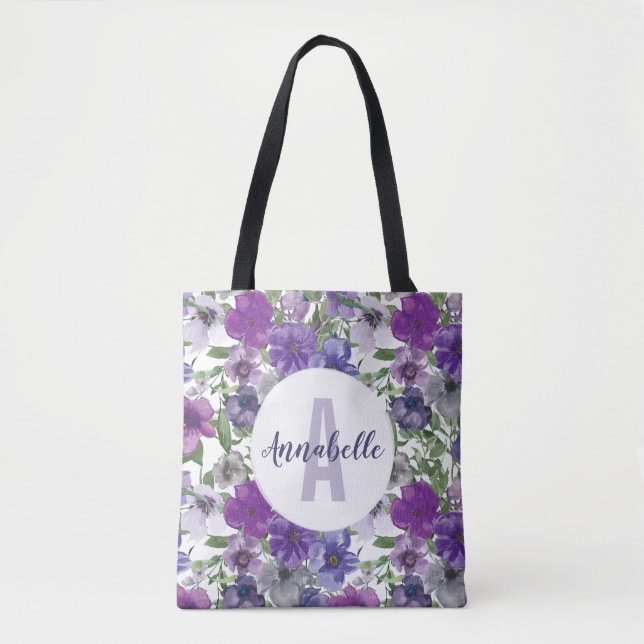 Tote Bag Monogramme d'aquarelle Vintage violet rustique (Devant)