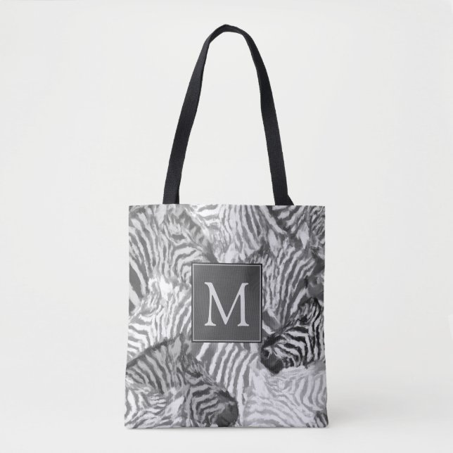 Tote Bag Monogramme d'art de zèbre abstrait noir et blanc (Devant)