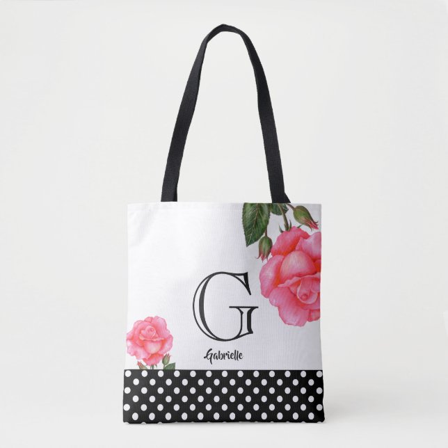 Tote Bag Monogramme d'art floral Roses roses d'aquarelle ro (Devant)