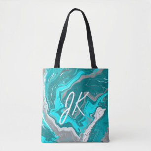 Tote Bag Monogramme d'art fluvial en marbre bleu, Turquoise