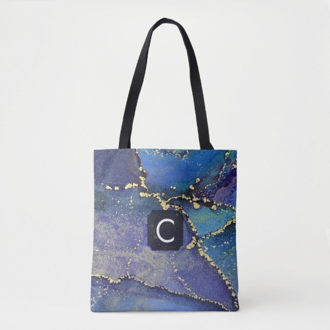 Tote Bag Monogramme d'art liquide violet bleu sarcelle et o (Devant)