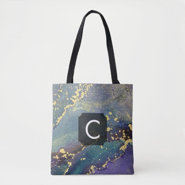 Tote Bag Monogramme d'art liquide violet, Turquoise et or (Devant)