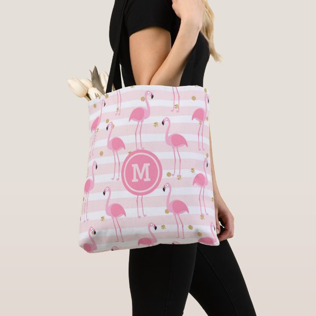 Tote Bag Monogramme de bande de Flamant rose rose tropicale (De près)