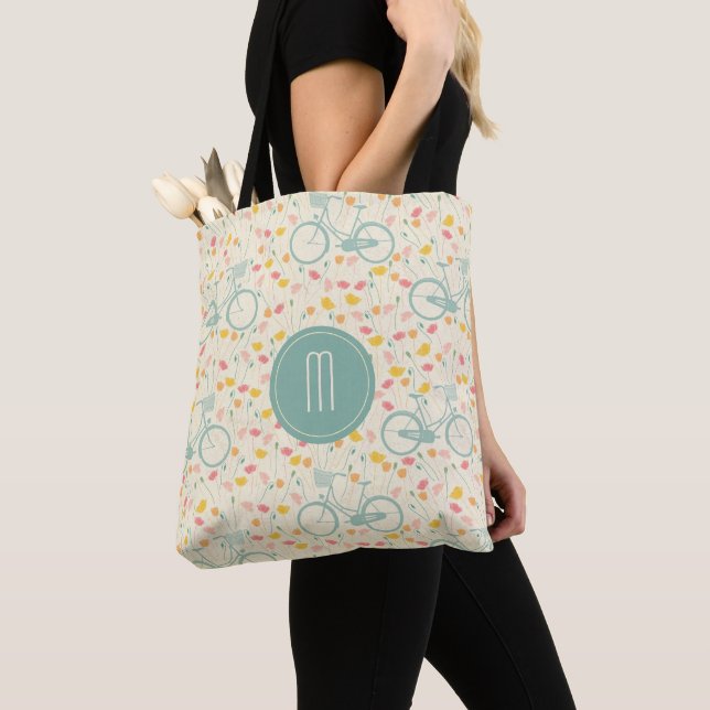 Tote Bag Monogramme de bicyclette et de fleurs (De près)