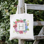 Tote Bag Monogramme de bouquet fleur sauvage<br><div class="desc">Le sac fourre-tout Spring chic est doté d'un bouquet de fleurs sauvages aux aquarelles vibrantes,  avec votre monogramme initial unique au centre en coordonnant vert foncé.</div>