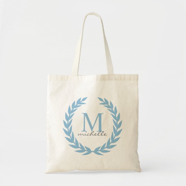 Tote Bag Monogramme de cadre de laurier de bleu de ciel (Devant)