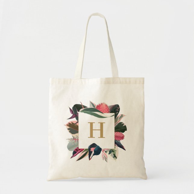 Tote Bag Monogramme de cadre Plante varié rose tropicale (Devant)