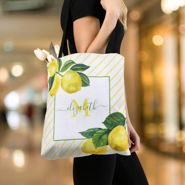 Tote Bag Monogramme de campagne citrons aquarelle rayures r (Créateur téléchargé)
