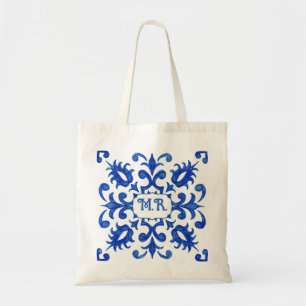 Tote Bag Monogramme de carreau bleu portugais méditerranéen