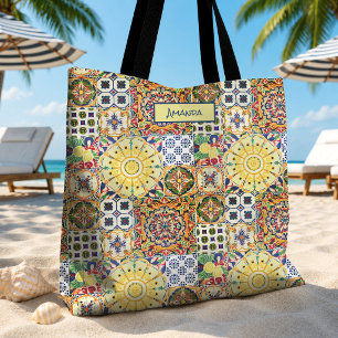 Tote Bag Monogramme de carreaux orange méditerranéen géomét