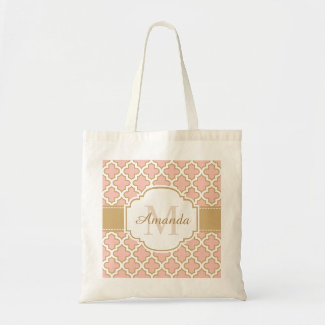 Tote Bag Monogramme de corail rose chic de motif marocain (Devant)