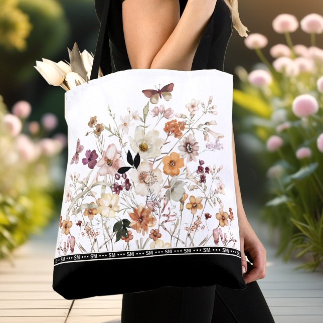 Tote Bag Monogramme de coton blanc Fleur sauvage pressé (Pressed Wildflowers White Cottagecore Monogram Tote Bag)