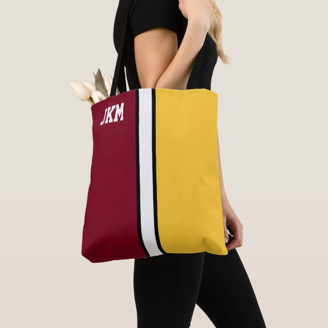 Tote Bag Monogramme de couleur marron et or de l'université (De près)