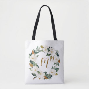 Tote Bag Monogramme de couronne d'aquarelle Magnolia