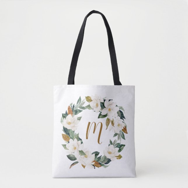Tote Bag Monogramme de couronne d'aquarelle Magnolia (Devant)