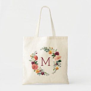 Tote Bag monogramme de couronne de fleurs colorées