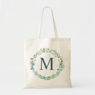 Tote Bag Monogramme de couronne florale bleu lunaire