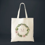 Tote Bag Monogramme de couronne florale de mauve poussiéreu<br><div class="desc">Chemise d'aquarelle aux fleurs mauves poussiéreuses chic et feuillage botanique,  sac fourre-tout monogramme. Le style,  la couleur et la taille de la police de texte peuvent être customisés.</div>