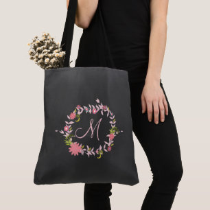 Tote Bag monogramme de couronne florale rose