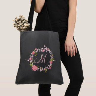 Tote Bag monogramme de couronne florale rose