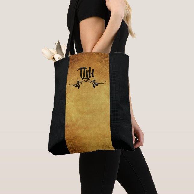 Tote Bag Monogramme de design noir et or classique (De près)
