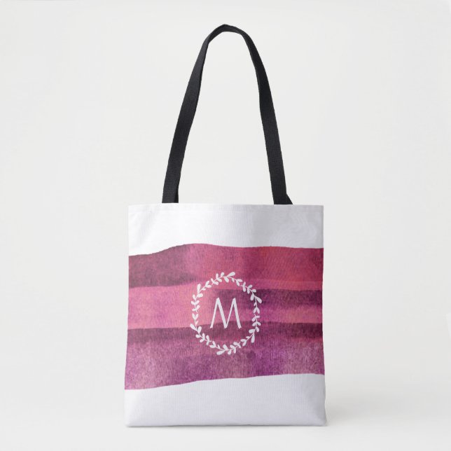 Tote Bag Monogramme de feuille d'aquarelle bleu et bordeaux (Devant)