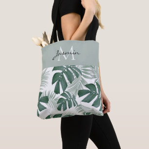 Tote Bag Monogramme de feuilles de Monstera vert aquarelle