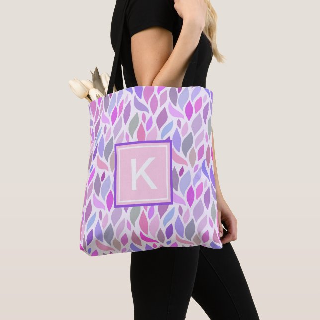 Tote Bag Monogramme de filles à feuilles botaniques roses m (De près)