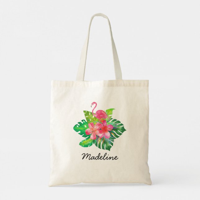 Tote Bag Monogramme de flamant tropical floral (Dos)