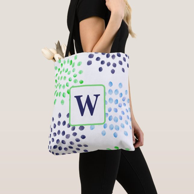 Tote Bag Monogramme de fleurs bleu vert marine (De près)