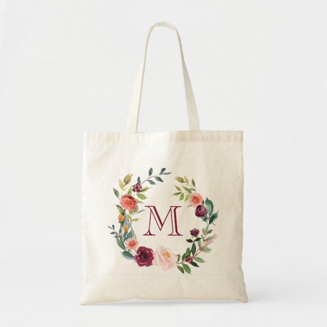 Tote Bag monogramme de fleurs d'aquarelle (Devant)