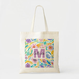Tote Bag Monogramme de fleurs d'aquarelle jaune pourpre pri