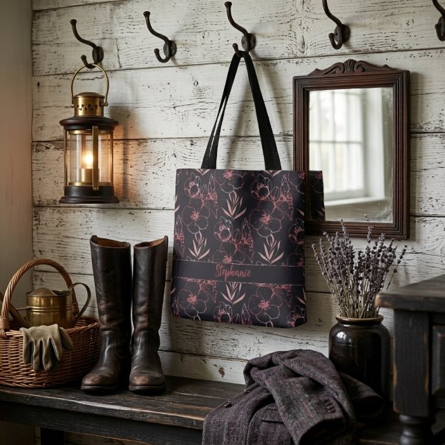 Tote Bag Monogramme de fleurs et de feuilles scintillantes  (Créateur téléchargé)