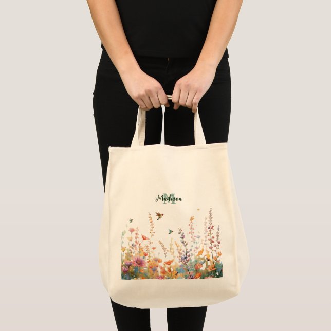 Tote Bag Monogramme de fleurs sauvages à l'aquarelle Nom pe (Devant (produit))