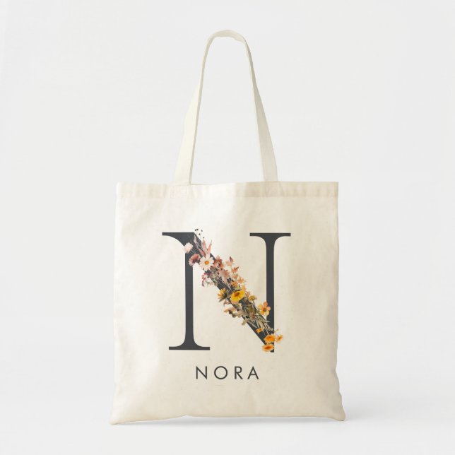 Tote Bag Monogramme de fleurs sauvages Boho Lettre N (Devant)