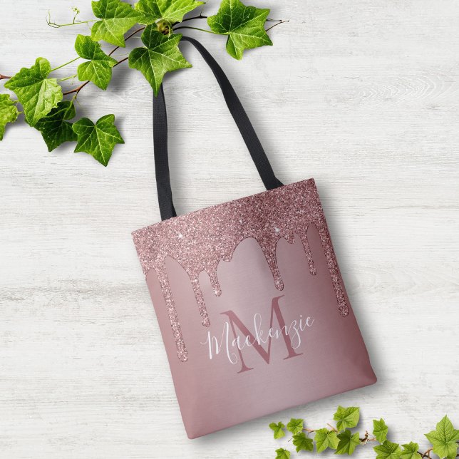 Tote Bag Monogramme de gouttes de paillettes en or rose chi (Chic Rose Gold Glitter Drips Monogram Tote Bag)