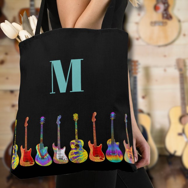 Tote Bag Monogramme de guitare coloré (Colorful guitar monogram custom tote bag for guitarists musicians music teachers )