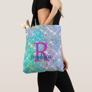 Tote Bag Monogramme de la fausse parties scintillant bleue 