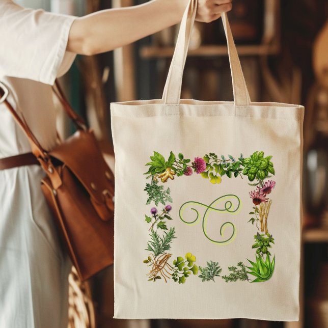Tote Bag Monogramme de la frontière herbacée initial (Créateur téléchargé)